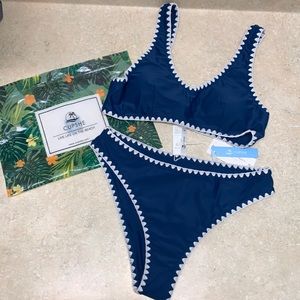 Blue and white trim crochet two piece bikini.